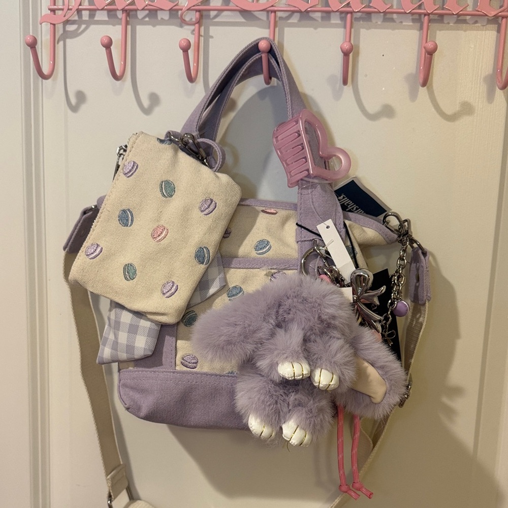 Madden Girl Lavender and Cream Polka Dot Tote with Bunny Charm